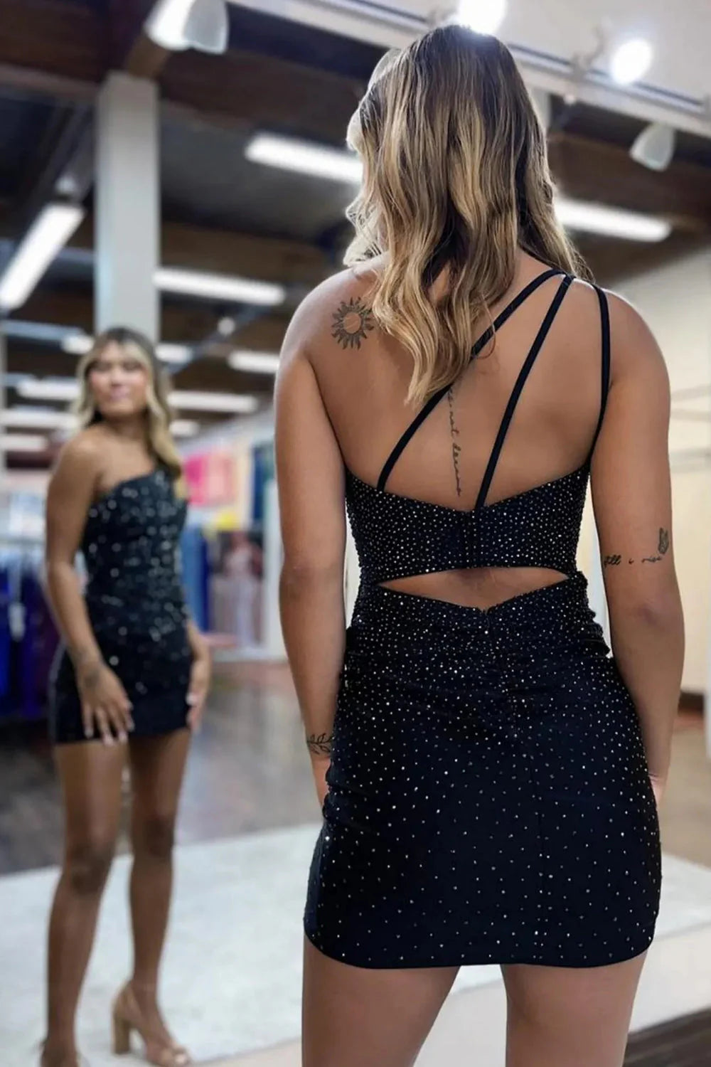 Charming One Shoulder Glitter Bodycon With Beaded Accents Homecoming Party Dress AS407