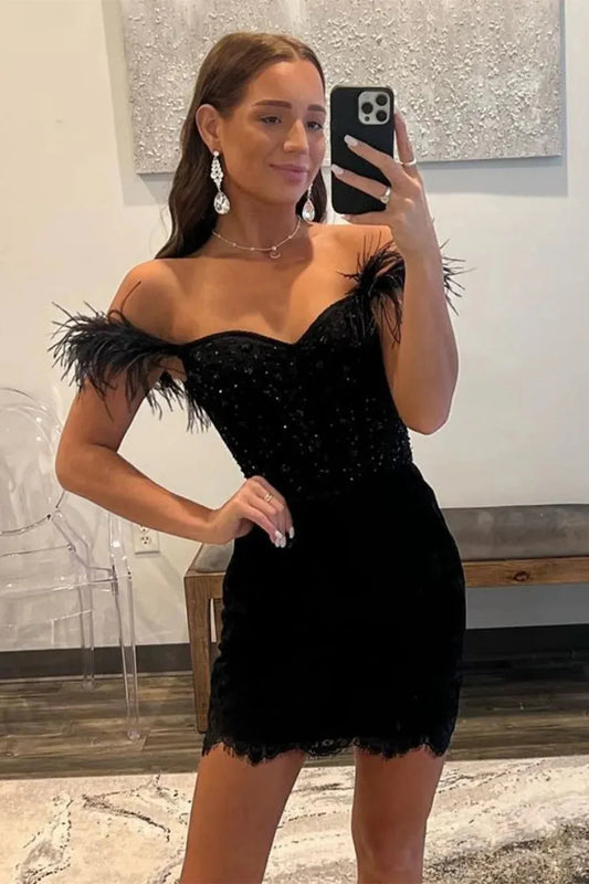 Elegant Off The Shoulder Black Lace Bodycon Dress With Glitter And Feathers Homecoming Dress AS409