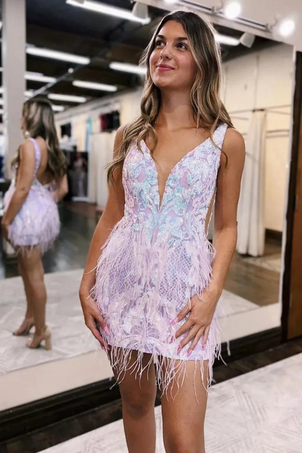 Stunning V-Neck Bodycon Backless Short Dress With Feather Detail Homecoming Dress AS412