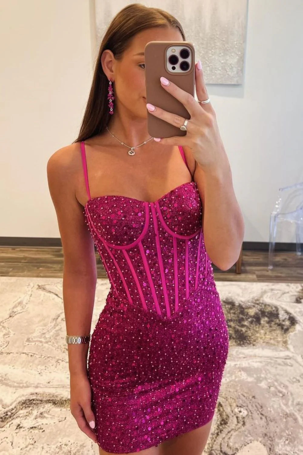 Sparkly Bodycon Homecoming Dress With Spaghetti Straps And Beaded Details AS414