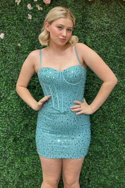 Sparkly Bodycon Homecoming Dress With Spaghetti Straps And Beaded Details AS414