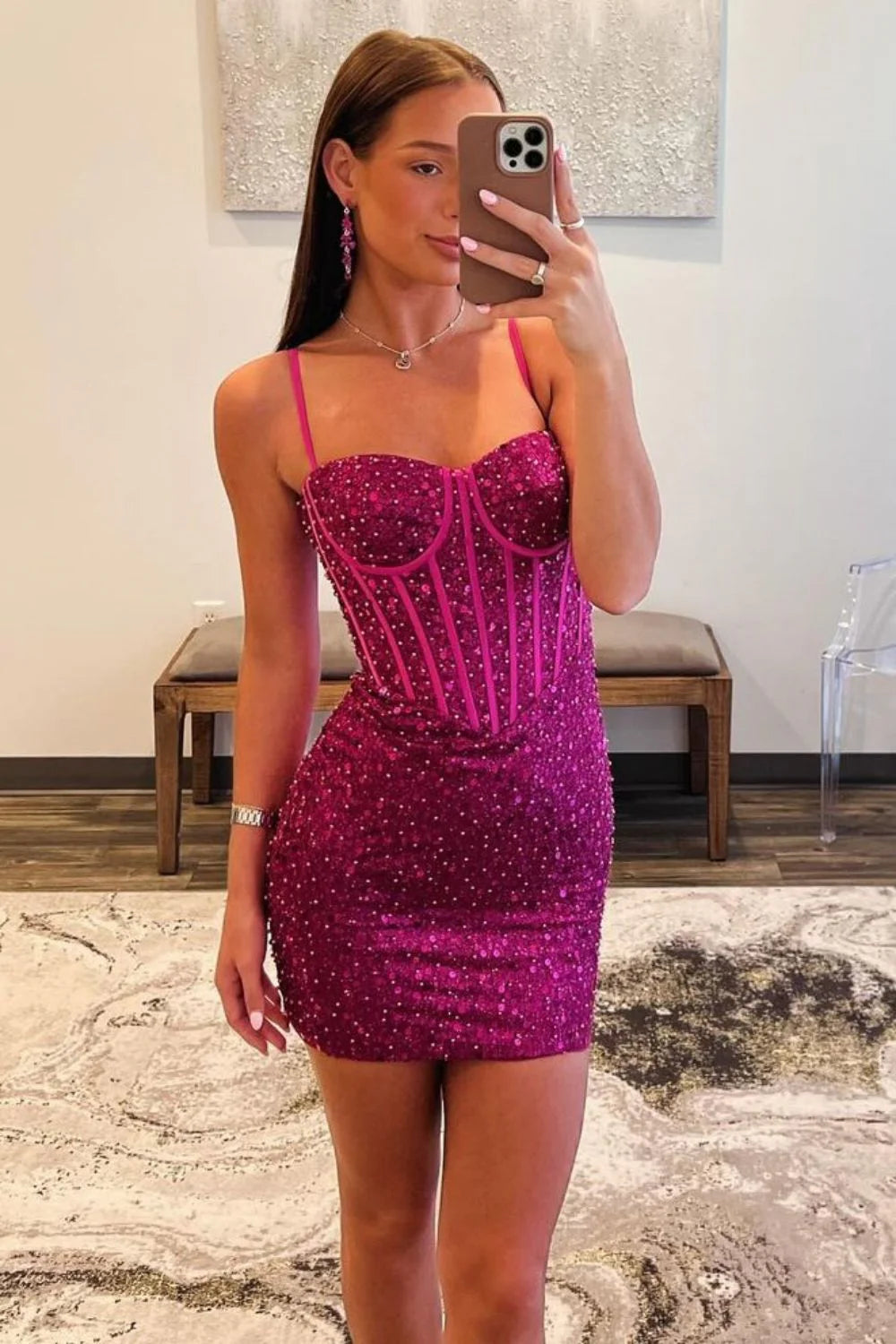 Sparkly Bodycon Homecoming Dress With Spaghetti Straps And Beaded Details AS414