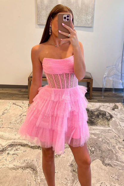 Glitter Pink Strapless A-Line Homecoming Dress With Tiered Tulle Skirt AS415