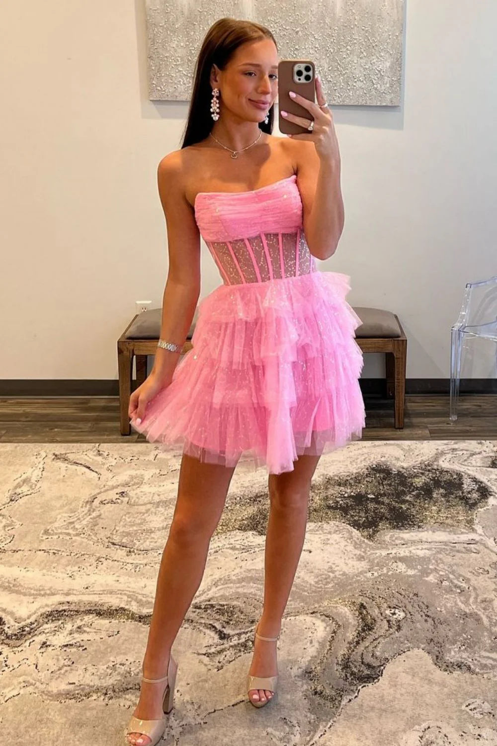 Glitter Pink Strapless A-Line Homecoming Dress With Tiered Tulle Skirt AS415
