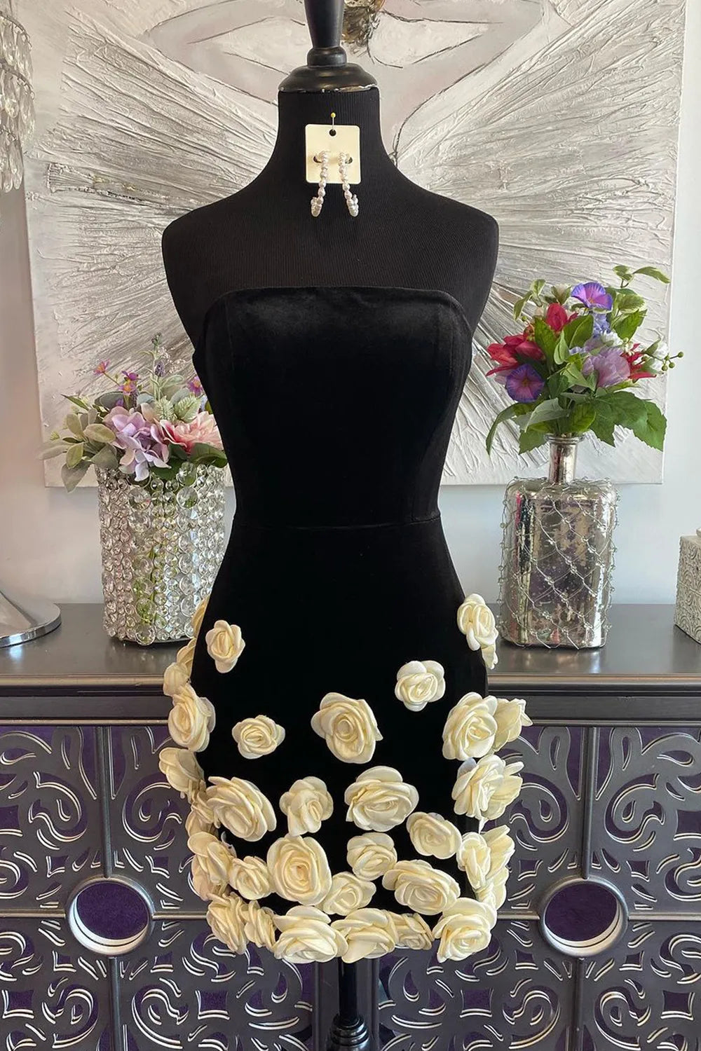 Black Strapless Bodycon Homecoming Dress With 3D Floral Appliqués And Short Hem AS416