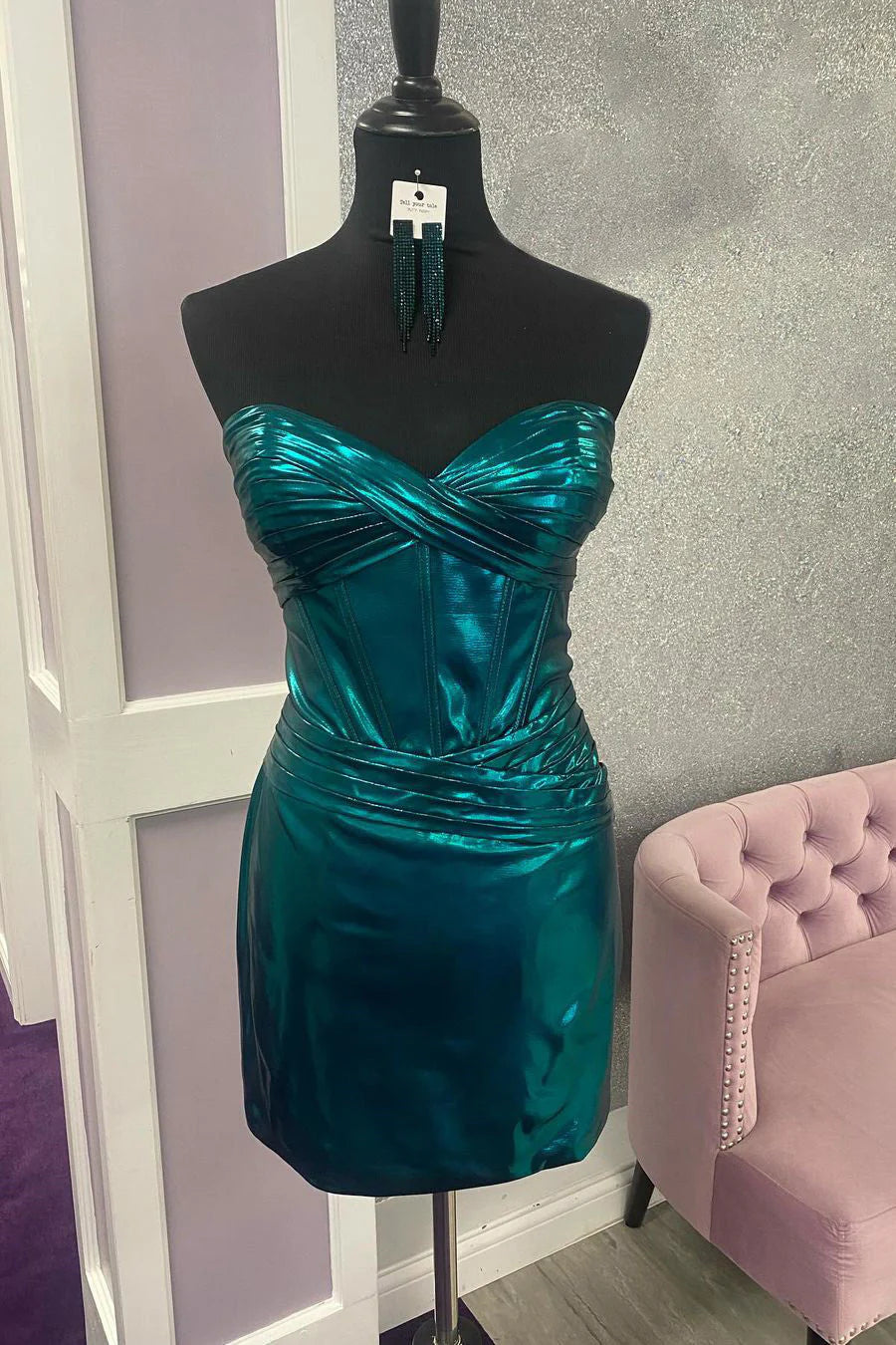 Peacock Blue Bodycon Homecoming Dress With Sweetheart Neckline And Metallic Finish AS417