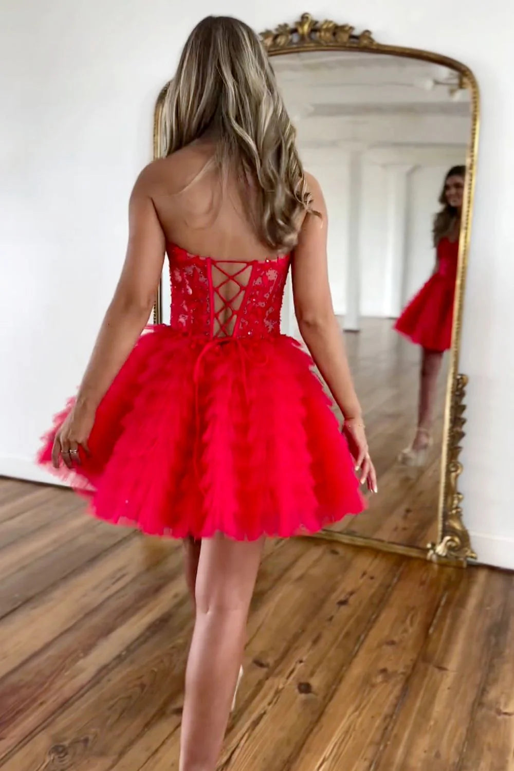Red A-Line Sweetheart Homecoming Dress With Lace Up Back And Short Tulle Skirt AS419