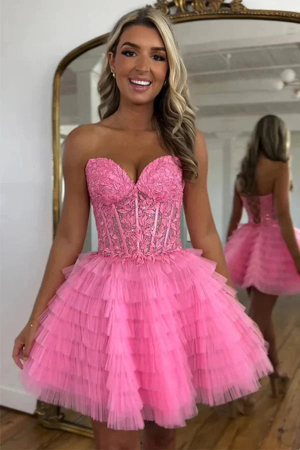 Red A-Line Sweetheart Homecoming Dress With Lace Up Back And Short Tulle Skirt AS419