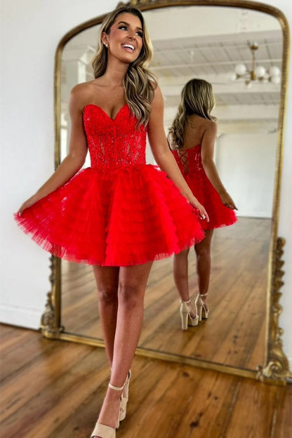 Red A-Line Sweetheart Homecoming Dress With Lace Up Back And Short Tulle Skirt AS419