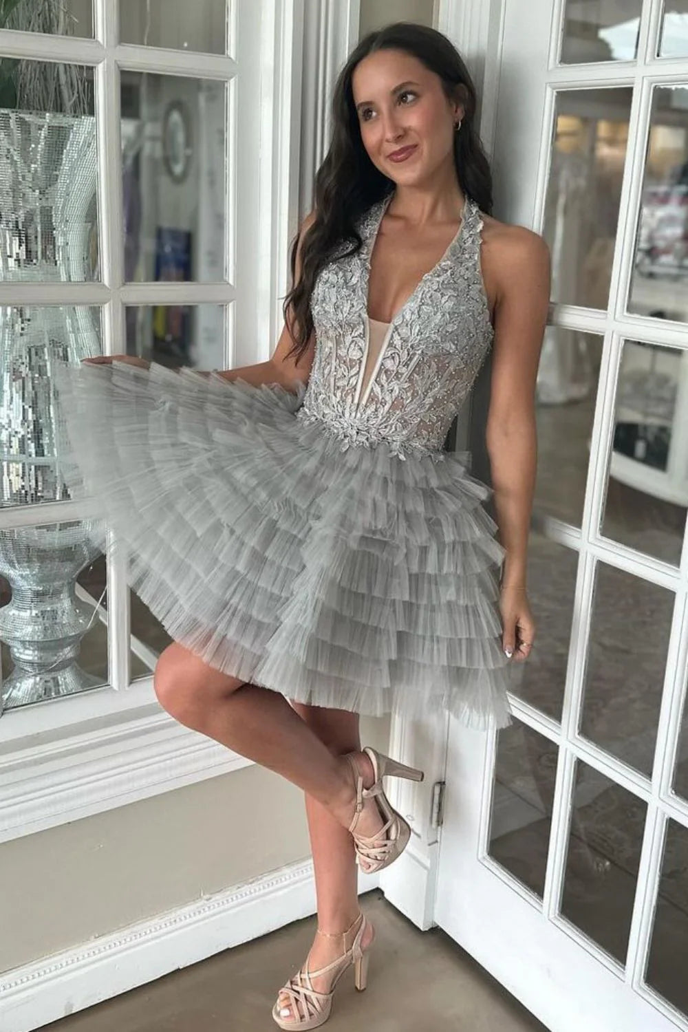 Royal Blue A-Line Halter Neck Short Tulle Homecoming Dress With Appliques Details AS424