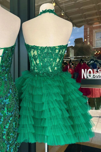 Royal Blue A-Line Halter Neck Short Tulle Homecoming Dress With Appliques Details AS424