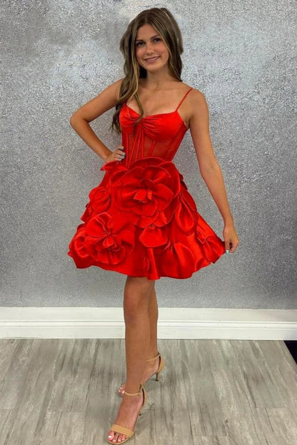 Cute A-Line Spaghetti Strap Short Satin Homecoming Dress With Floral Embellishments AS425