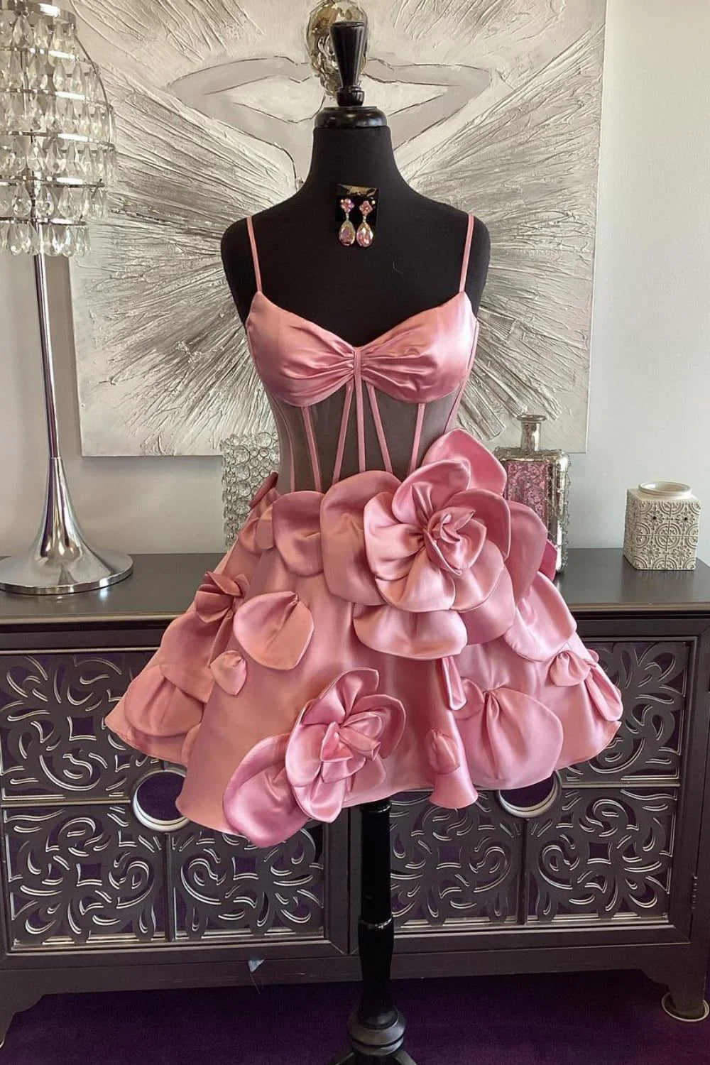 Cute A-Line Spaghetti Strap Short Satin Homecoming Dress With Floral Embellishments AS425