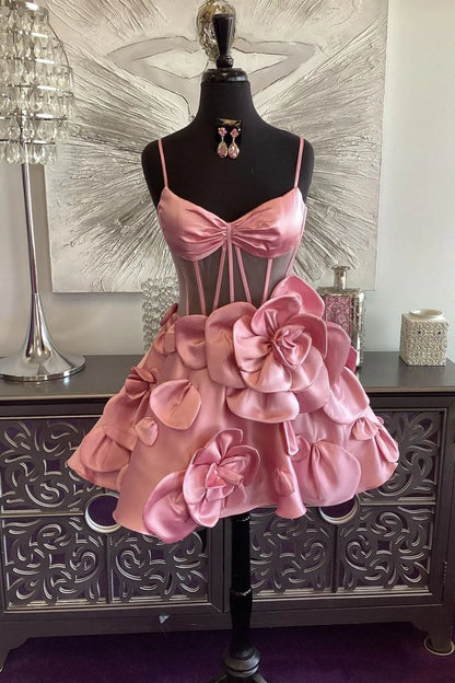 Cute A-Line Spaghetti Strap Short Satin Homecoming Dress With Floral Embellishments AS425