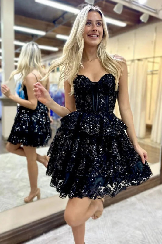 Sparkly Stunning A-Line Spaghetti Strap Short Homecoming Dress With Appliques Details AS430