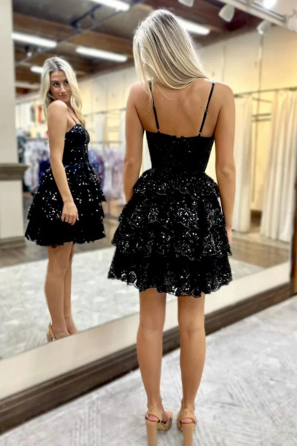 Sparkly Stunning A-Line Spaghetti Strap Short Homecoming Dress With Appliques Details AS430