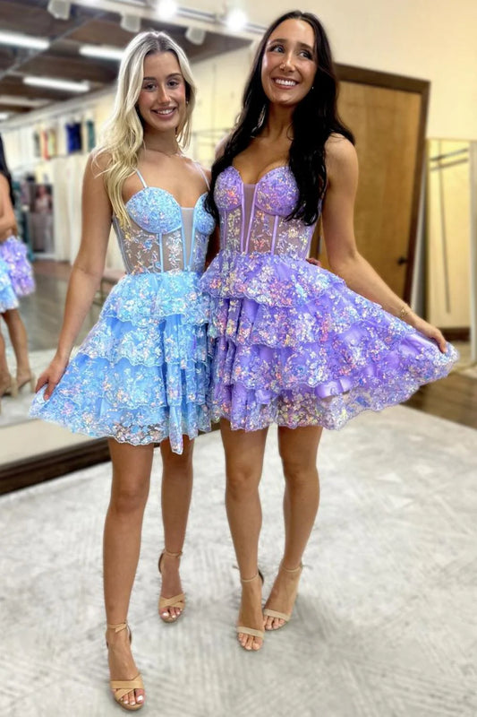 Sparkly Stunning A-Line Spaghetti Strap Short Homecoming Dress With Appliques Details AS430