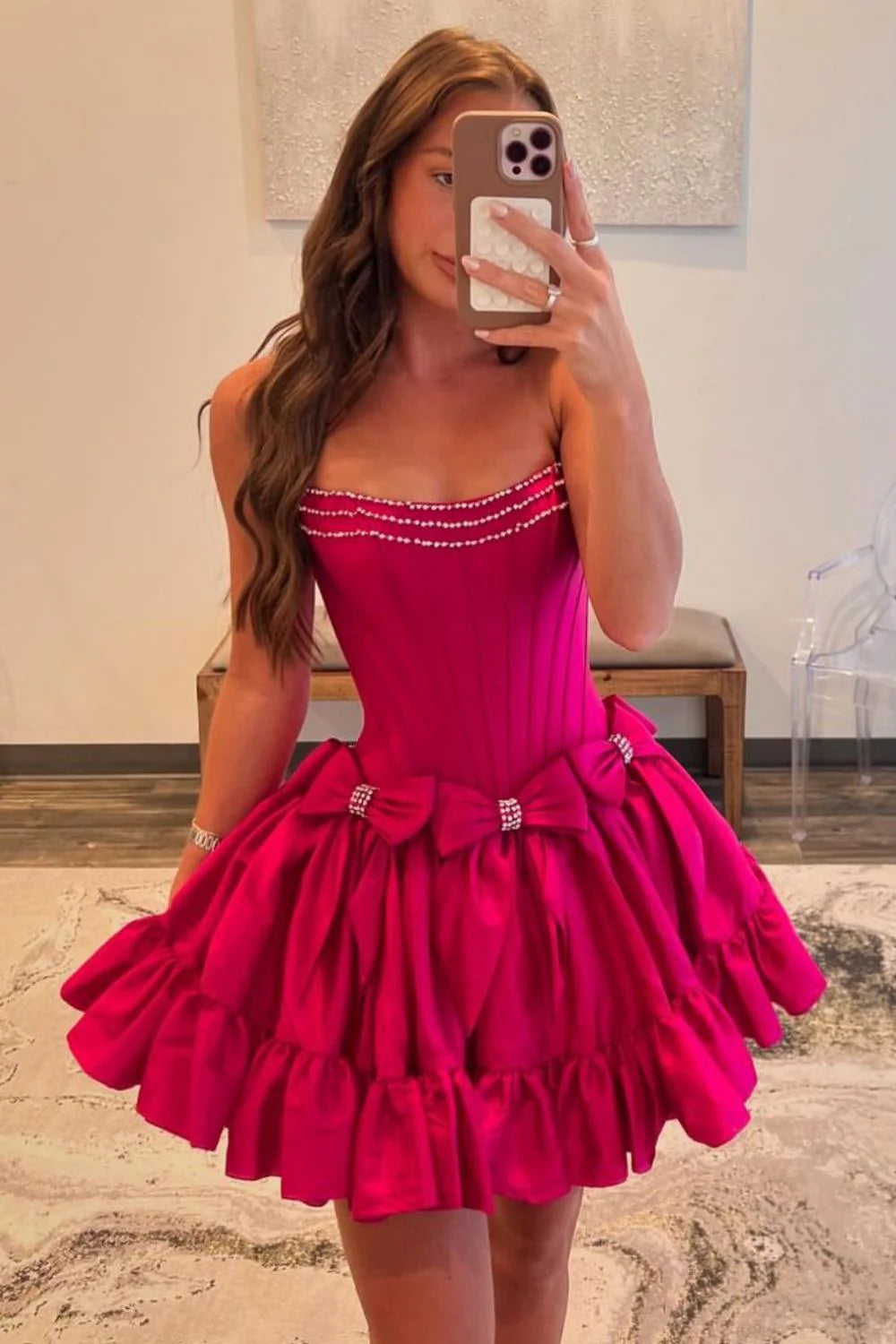 Pink A-Line Strapless Short Satin Homecoming Dress With Bowknot Detail AS433
