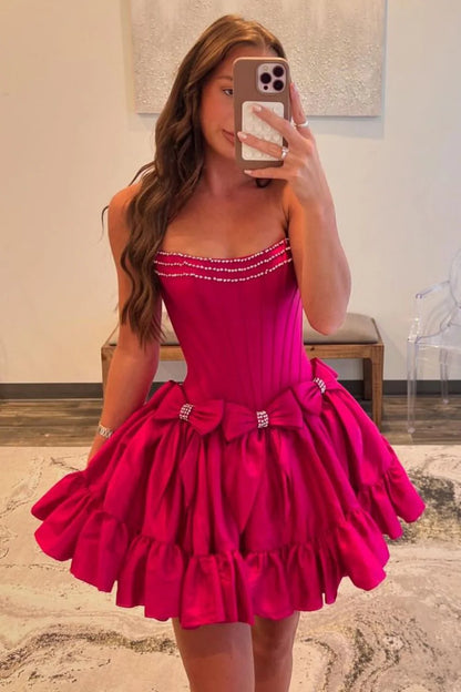 Pink A-Line Strapless Short Satin Homecoming Dress With Bowknot Detail AS433