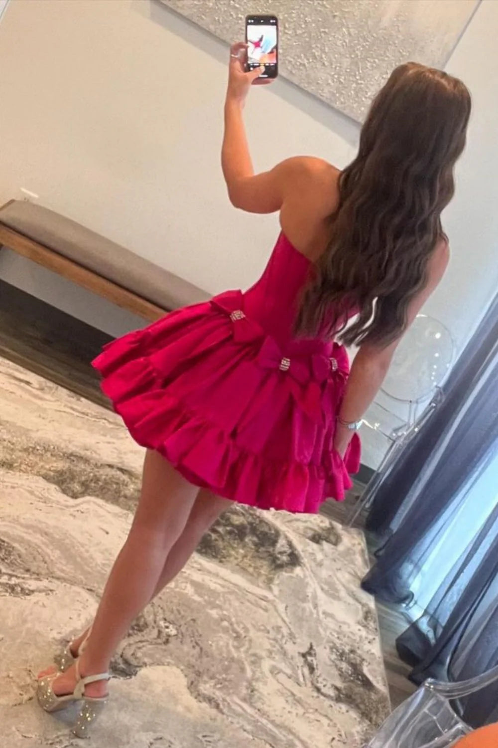 Pink A-Line Strapless Short Satin Homecoming Dress With Bowknot Detail AS433