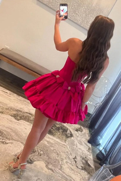Pink A-Line Strapless Short Satin Homecoming Dress With Bowknot Detail AS433