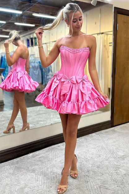 Pink A-Line Strapless Short Satin Homecoming Dress With Bowknot Detail AS433