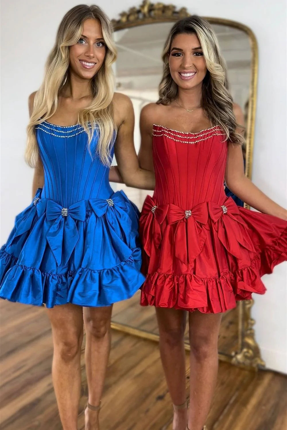Pink A-Line Strapless Short Satin Homecoming Dress With Bowknot Detail AS433