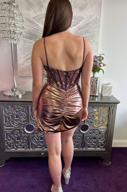Gorgeous Rose Gold Spaghetti Strap Short Sparkly Homecoming Dress AS434
