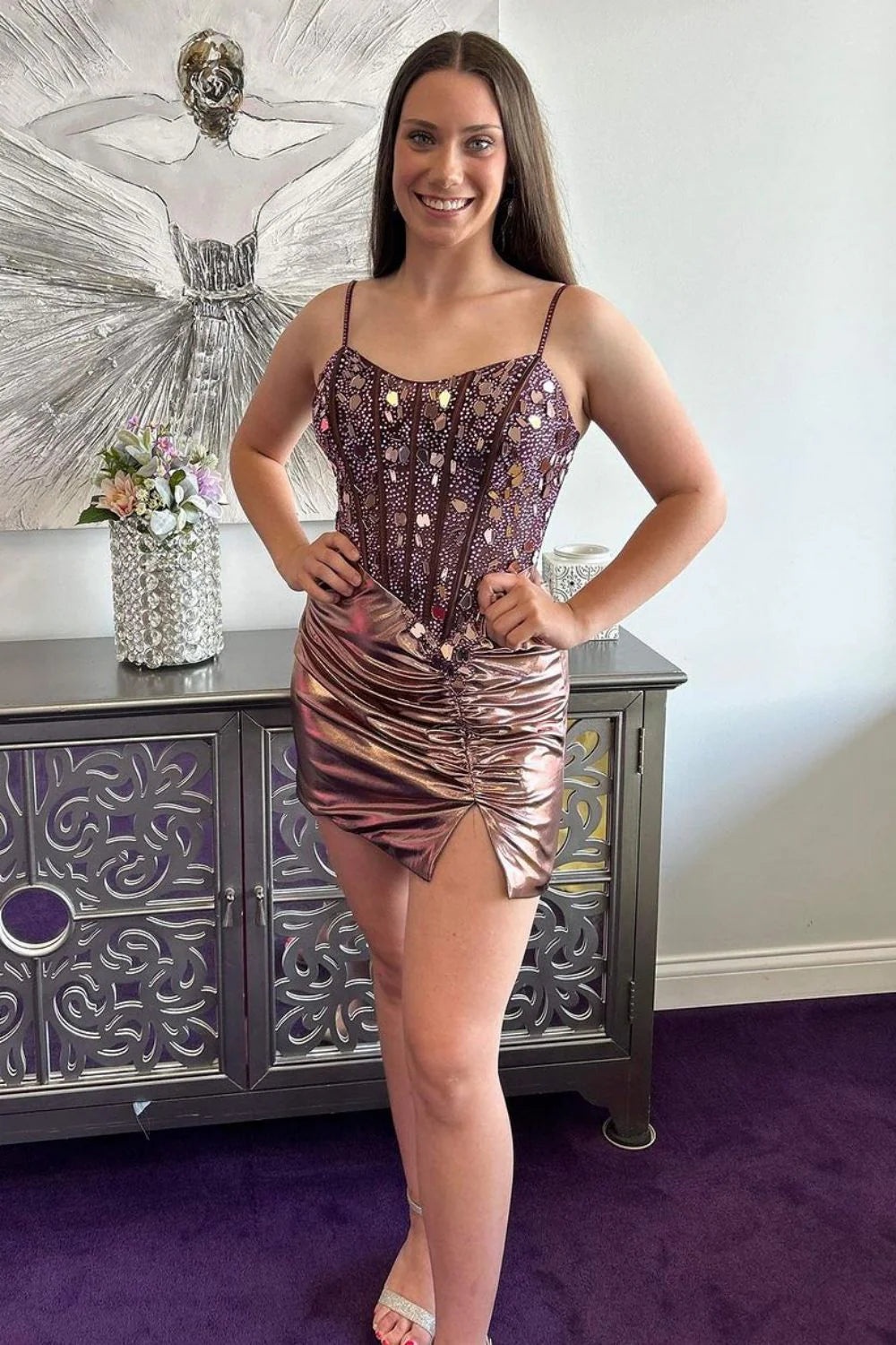 Gorgeous Rose Gold Spaghetti Strap Short Sparkly Homecoming Dress AS434