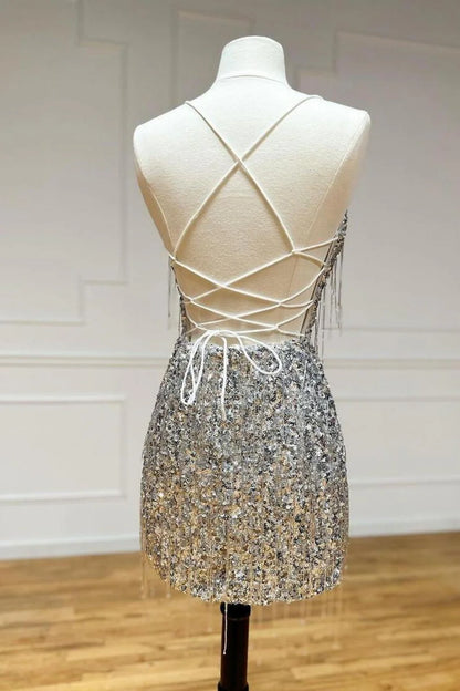 Silver V-Neck Glitter Sequin Homecoming Dress With Fringe Details AS436