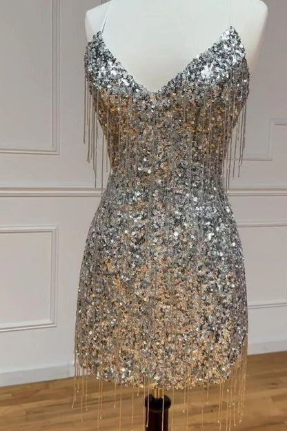 Silver V-Neck Glitter Sequin Homecoming Dress With Fringe Details AS436