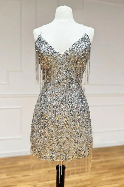 Silver V-Neck Glitter Sequin Homecoming Dress With Fringe Details AS436
