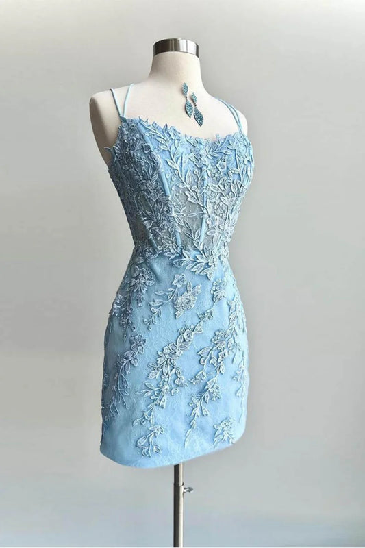 Pretty Blue Spaghetti Straps Short Tight Homecoming Dress With Appliques AS438