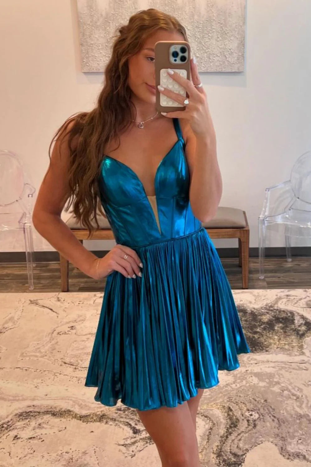 Chic Dark Blue A-Line Straps Open Back Metallic Short Dress Homecoming Dress AS447