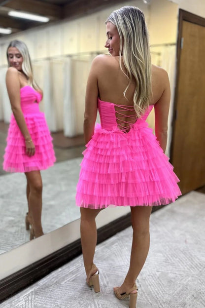 Charming Pink Sweetheart A-Line Tulle Short Dress With Lace Up Back Homecoming Dress AS451