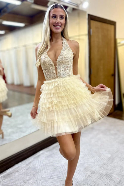 Gorgeous Light Blue A-Line Halter Neck Tulle Dress With Appliques Homecoming Dress AS454