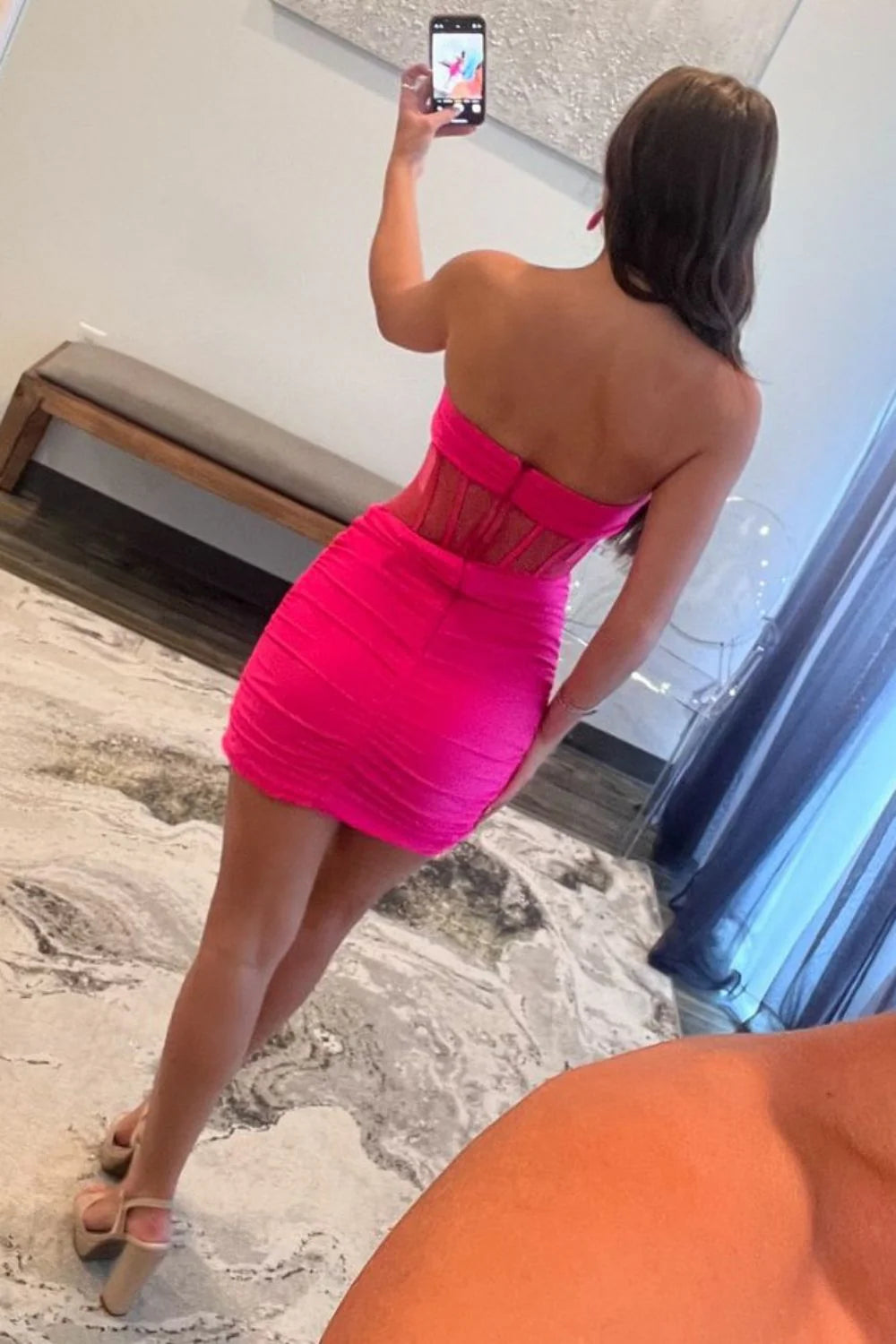 Trendy Hot Pink Strapless Tight Satin Mini Dress With Zipper Back Homecoming Dress AS456