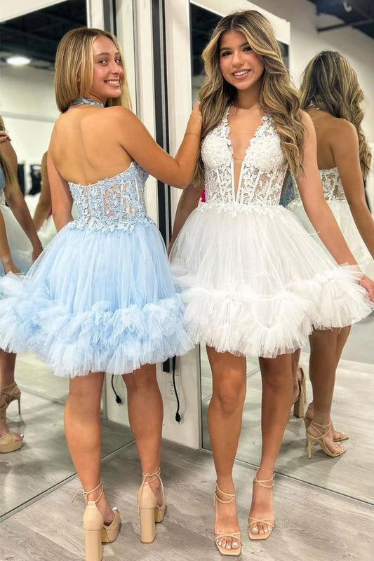 Stunning A-Line Halter Neck Lace Top Short Tulle Dress Homecoming Dress AS457