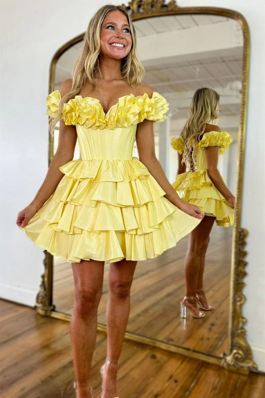 Stunning Yellow A-Line Off The Shoulder Tiered Satin Dress Homecoming Dress AS458