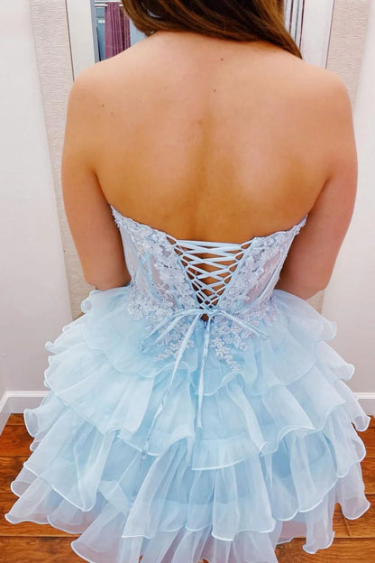 Light Blue A-Line Sweetheart Lace Up Short Tiered Tulle Dress Homecoming Dress AS460
