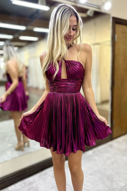 Stylish A-Line Open Back Short Metallic Homecoming Dress With Pleated Skirt AS463