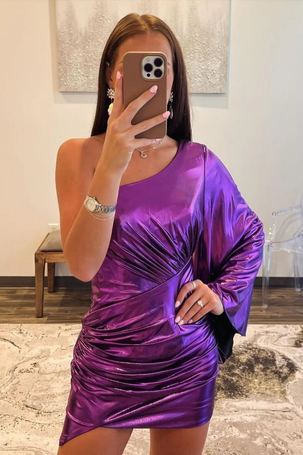 Royal Blue One Shoulder Metallic Homecoming Dress With Long Sleeves And Short Hem AS466