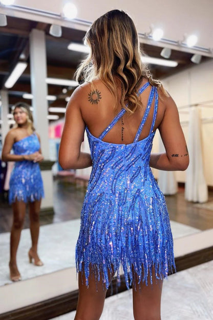 Sparkly One Shoulder Sequin Homecoming Dress With Tight Fit And Fringe Hem AS468