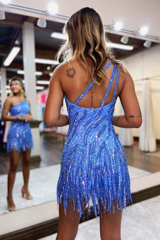Sparkly One Shoulder Sequin Homecoming Dress With Tight Fit And Fringe Hem AS468