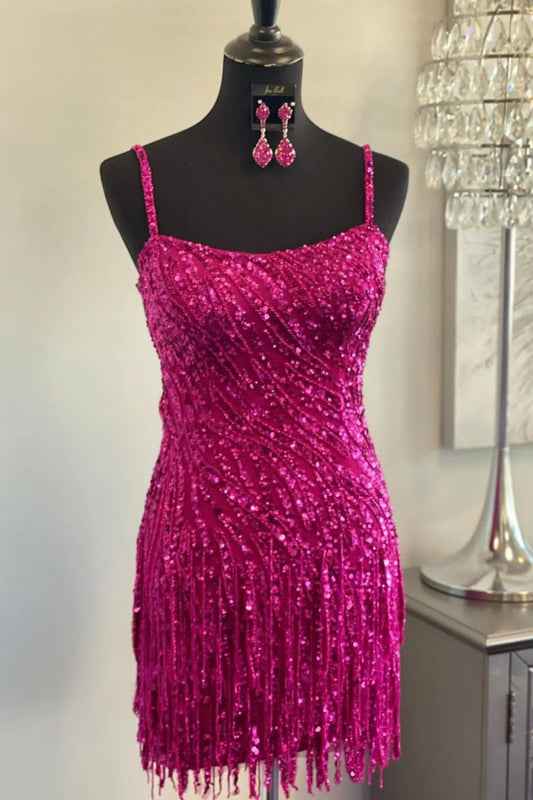 Sparkly Sequin Homecoming Dress With Spaghetti Straps And Fringe Hem AS469