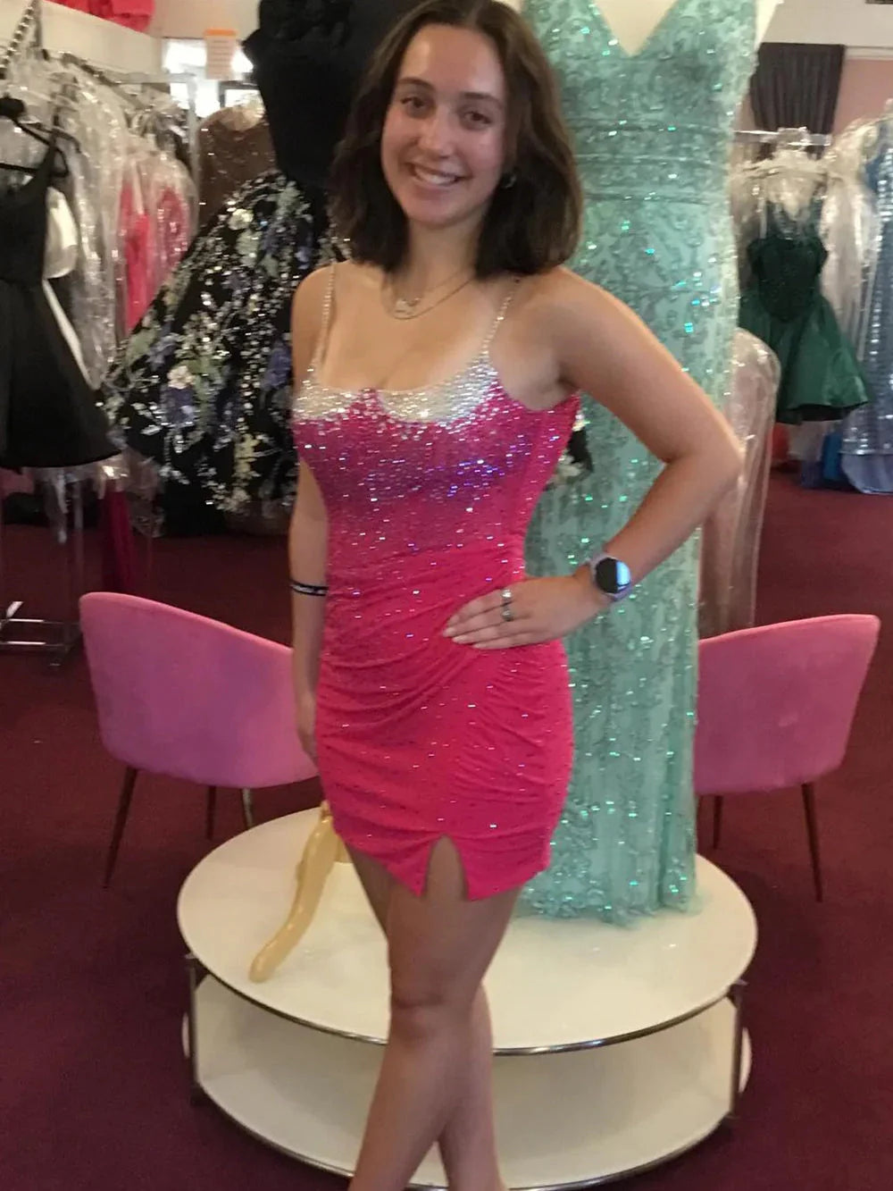 Royal Blue Bodycon Homecoming Dress With Spaghetti Straps Beaded Accents And Side Slit AS471
