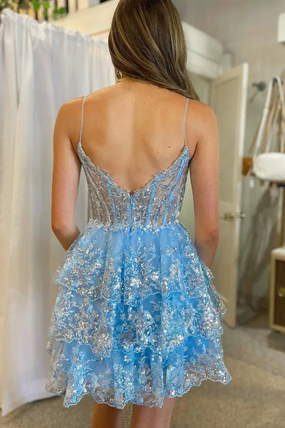 Three Layer Short Homecoming Dress With Spaghetti Straps And Sparkling Appliques AS476