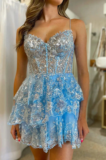 Three Layer Short Homecoming Dress With Spaghetti Straps And Sparkling Appliques AS476