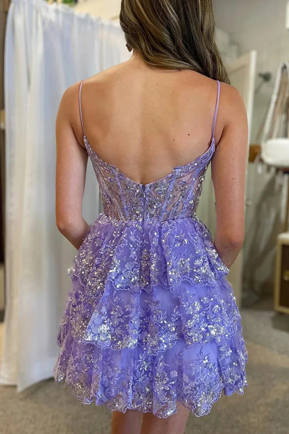 Three Layer Short Homecoming Dress With Spaghetti Straps And Sparkling Appliques AS476