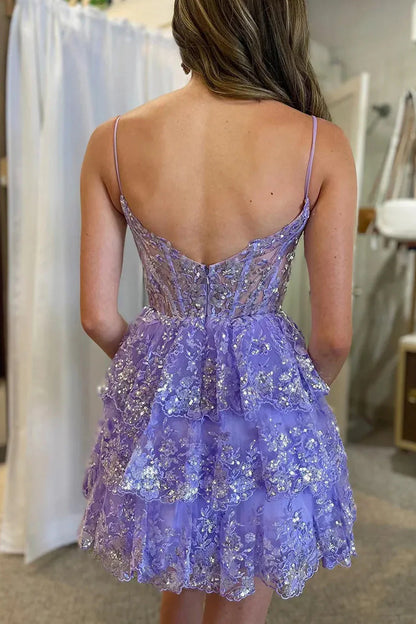 Three Layer Short Homecoming Dress With Spaghetti Straps And Sparkling Appliques AS476